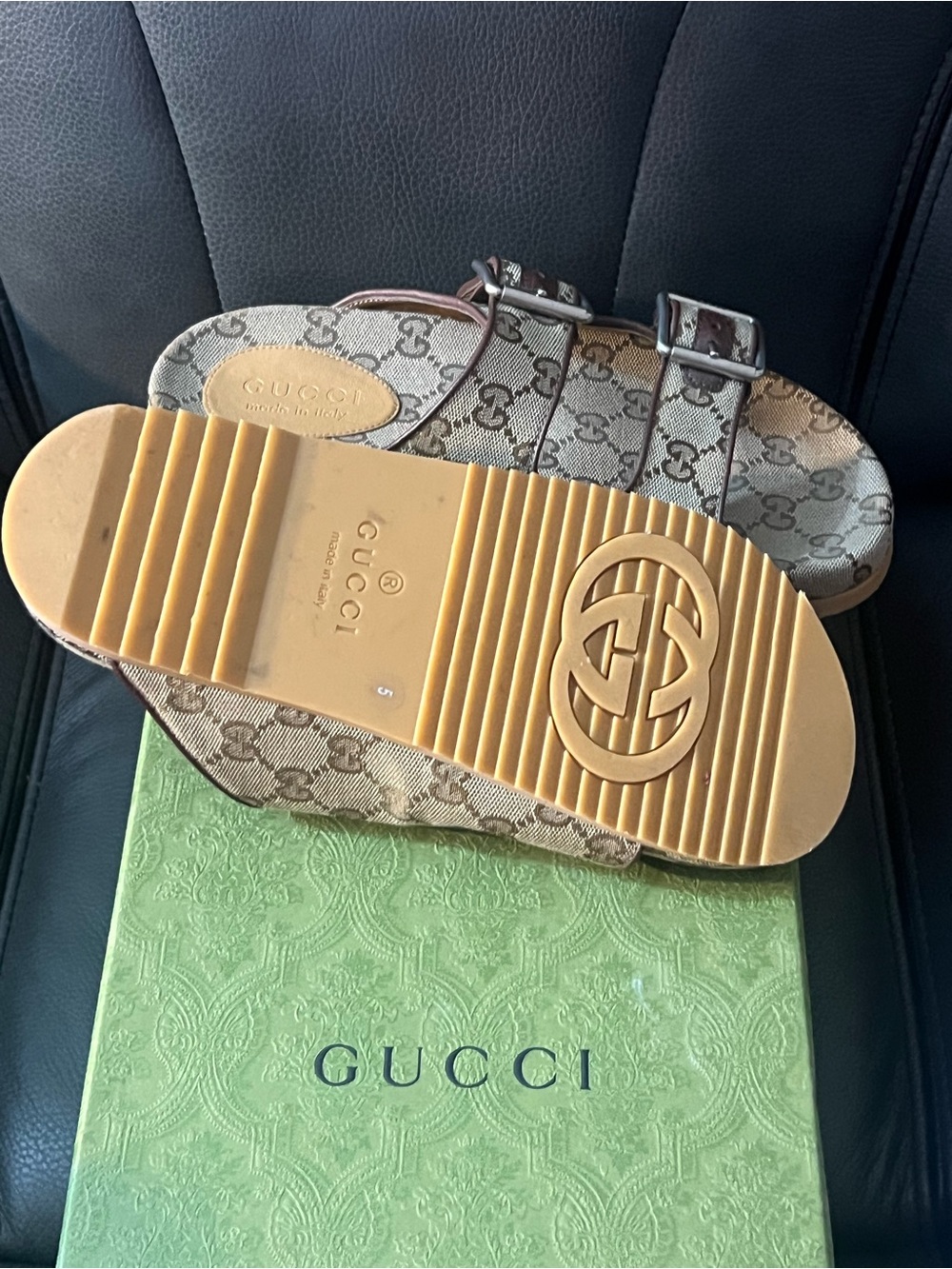 Gucci Brown Beige GG Canvas Double Buckle Slides - Picture 3 of 6